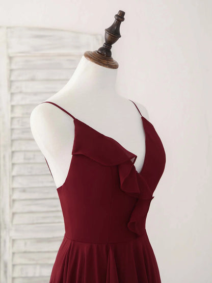 Burgundy V Neck Chiffon Long Prom Dress Bridesmaid Dress