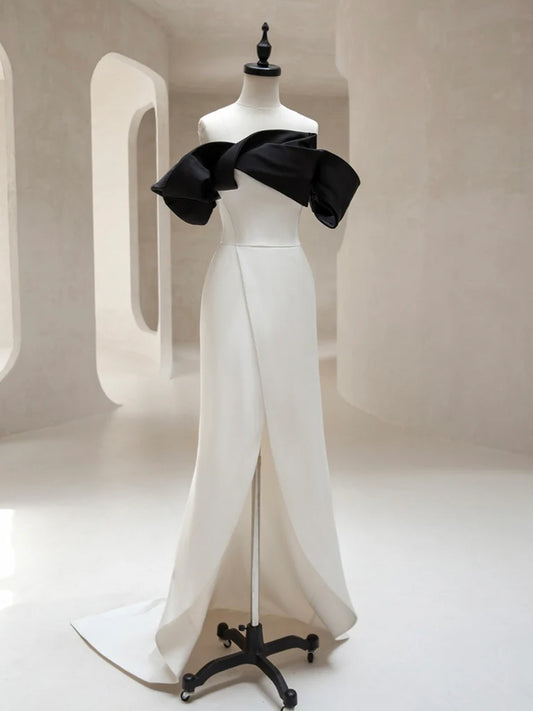 Simple Off Shoulder Satin Black/White Long Evening Dress