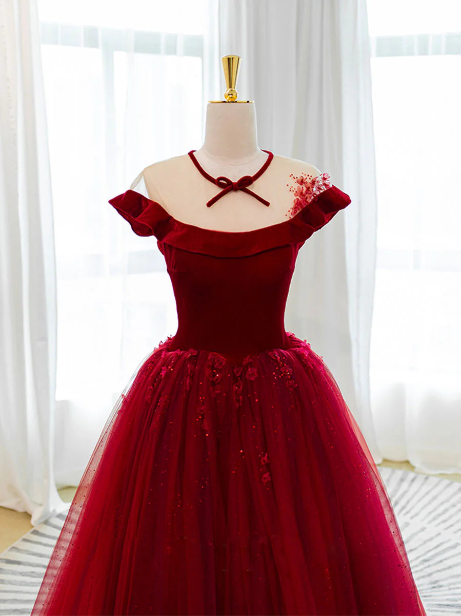 Burgundy tulle lace long prom dress burgundy tulle prom dress