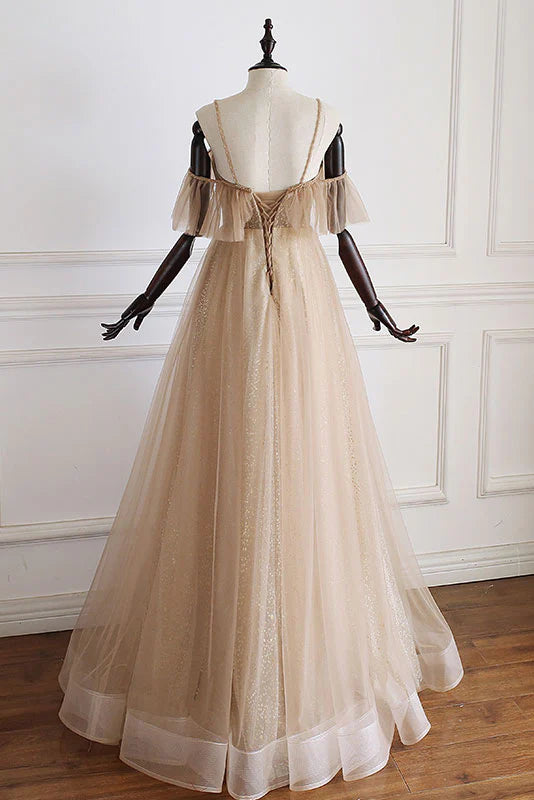 Champagne tulle off shoulder long prom dress champagne prom dress