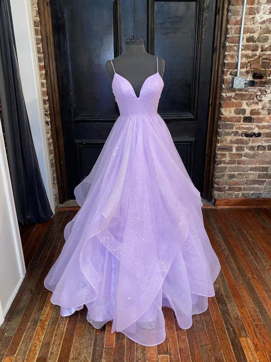 Simple purple tulle sequin long prom dress purple prom dress