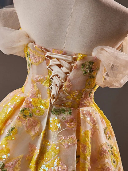 A-Line Off Shoulder Tulle Lace Short Yellow Homecoming Dress