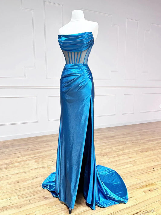 Blue Satin Long Prom Dress Mermaid Blue Formal Evening Dresses