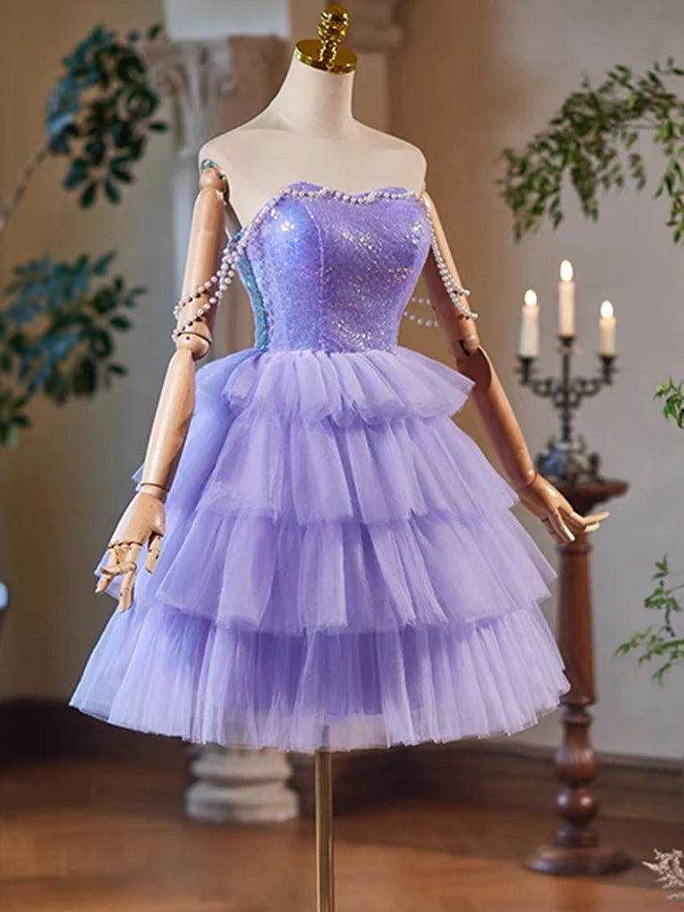 A-Line Tulle Sequin Purple Short Prom Dress Purple Homecoming Dress