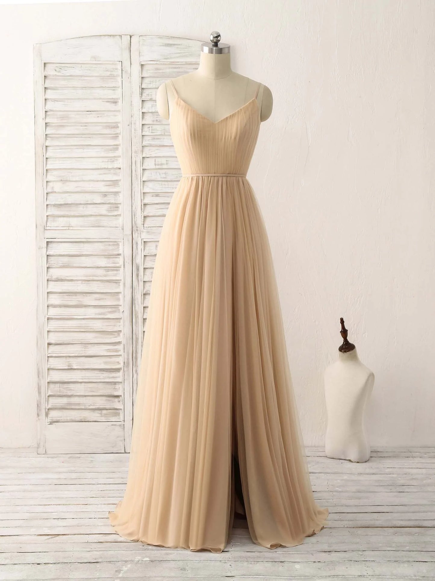 V Neck Tulle Chiffon Long Prom Dress Champagne Bridesmaid Dress