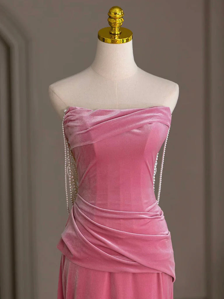 Pink Mermaid Velvet Beads Long Evening Dresses Pink Long Formal Dress