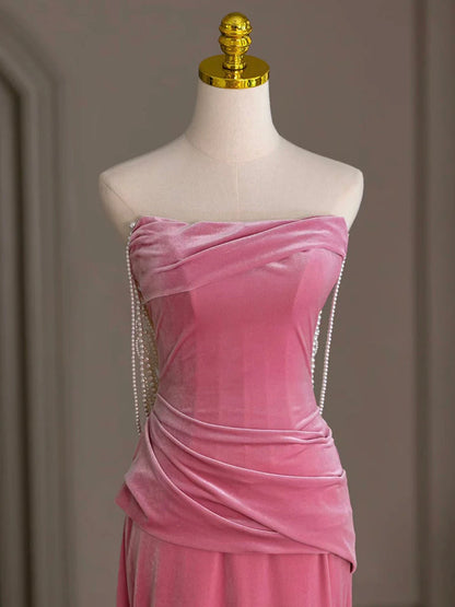 Pink Mermaid Velvet Beads Long Evening Dresses Pink Long Formal Dress
