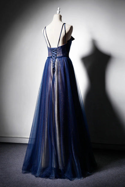 Dark blue tulle long prom dress dark blue prom dress