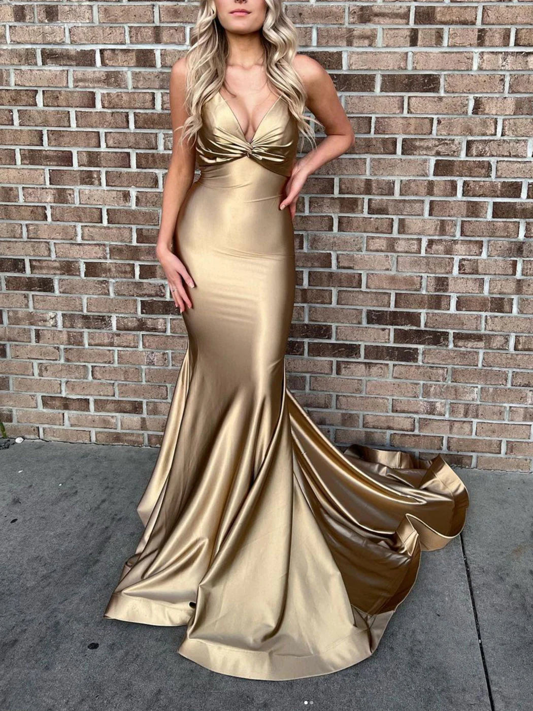 Simple gold satin mermaid long prom dress  gold prom dress