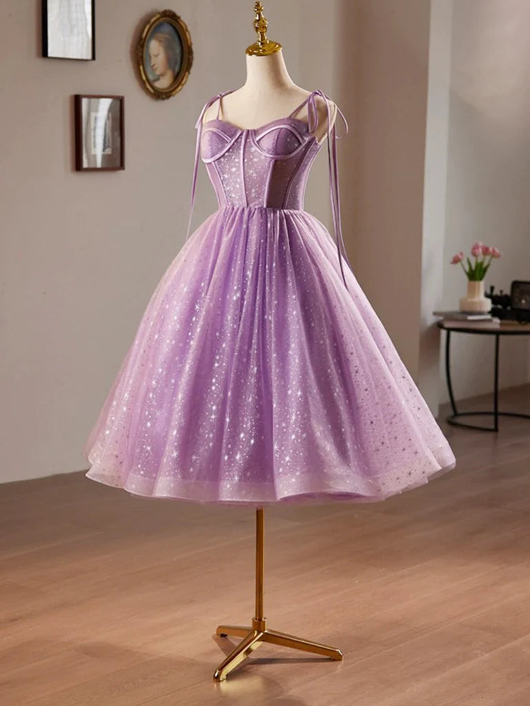 A-Line Sweetheart Neck Tulle Lace Short Purple Homecoming Dress