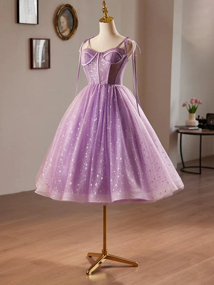A-Line Sweetheart Neck Tulle Lace Short Purple Homecoming Dress