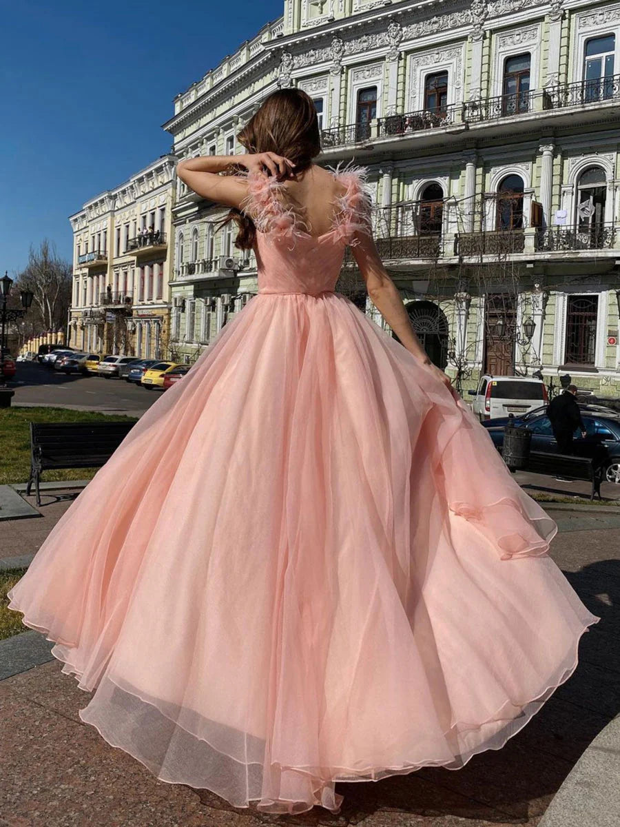 Pink v neck tulle long prom dress pink tulle formal prom dress