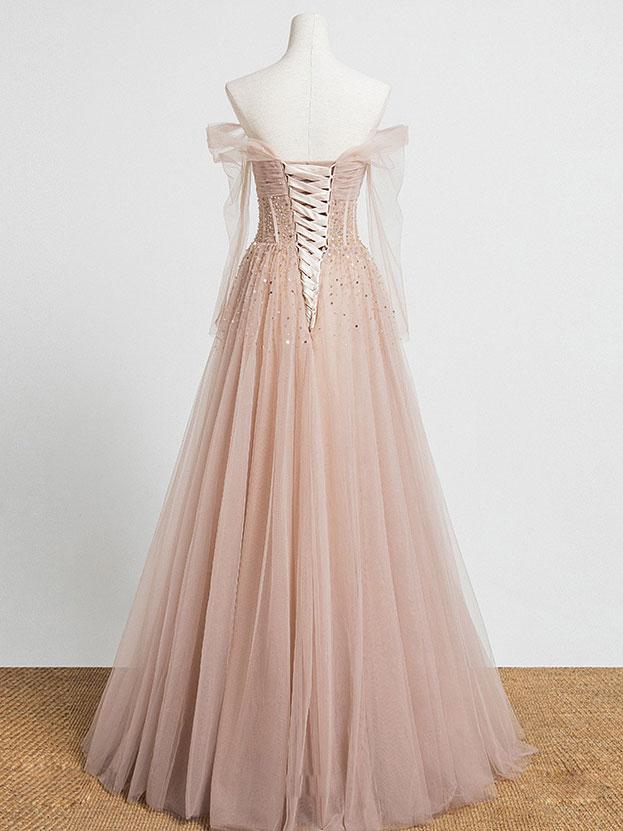 Champagne tulle sequin long prom dress champagne tulle formal prom dress
