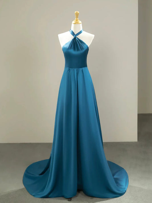 Simple Satin Blue Long Evening Dress  Blue Long Formal Dress