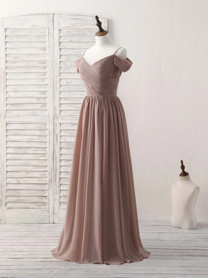 V Neck Dark Champagne Chiffon Long Prom Dress Bridesmaid Dress