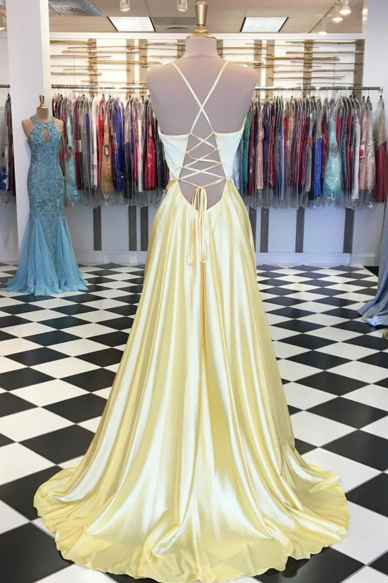 Simple yellow satin long prom dress yellow prom dress