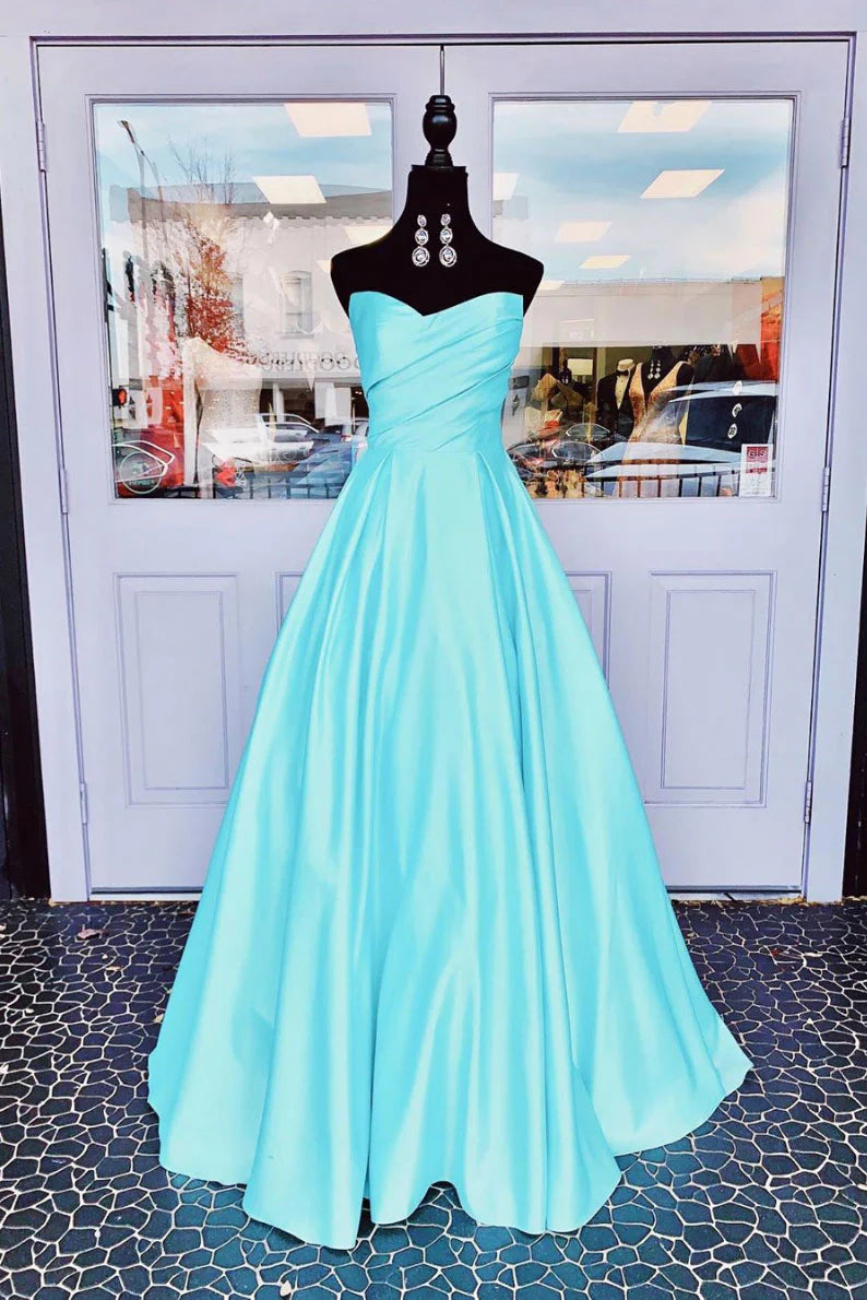Simple blue satin long prom dress blue  prom dress