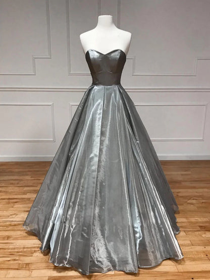 Simple sweetheart neck satin gray long evening dress gray formal party dress