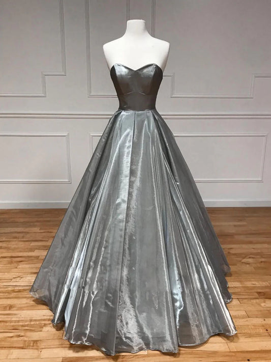 Simple sweetheart neck satin gray long evening dress gray formal party dress