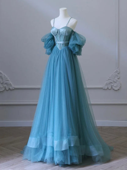 A-Line Sweetheart Neck Tulle Blue Long Evening Dress Blue Long Formal Dress