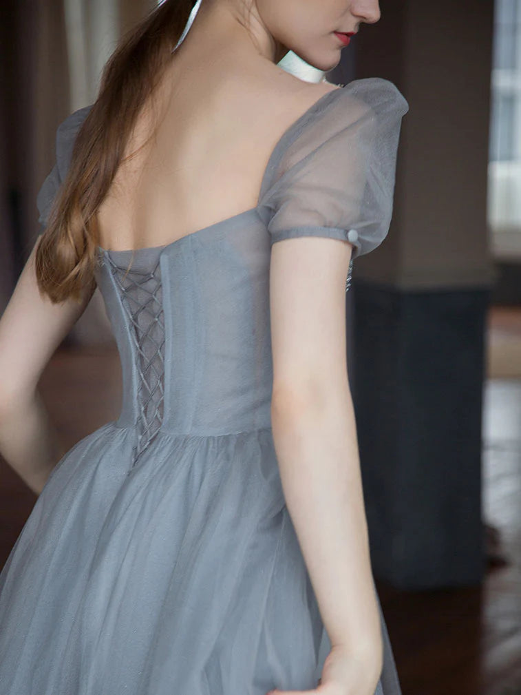 Gray tulle beads long prom dress tulle long sweet