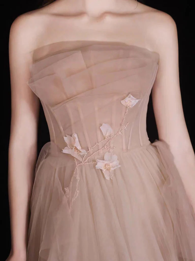 A-Line Champagne Tulle Beads Long Evening Dress Champagne Tulle Long Formal Dress