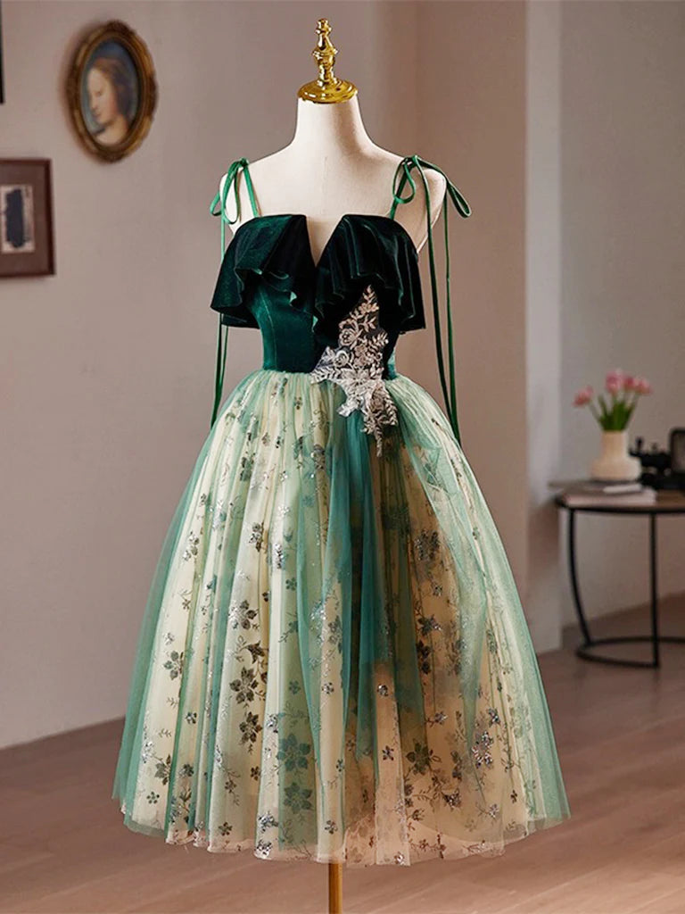 A-Line Tulle Sequin Velvet Green Short Homecoming Dress