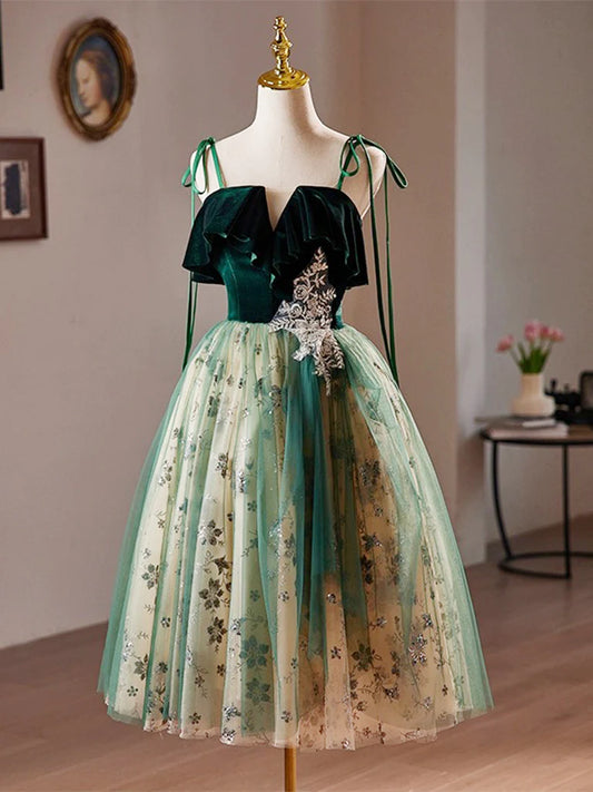A-Line Tulle Sequin Velvet Green Short Homecoming Dress