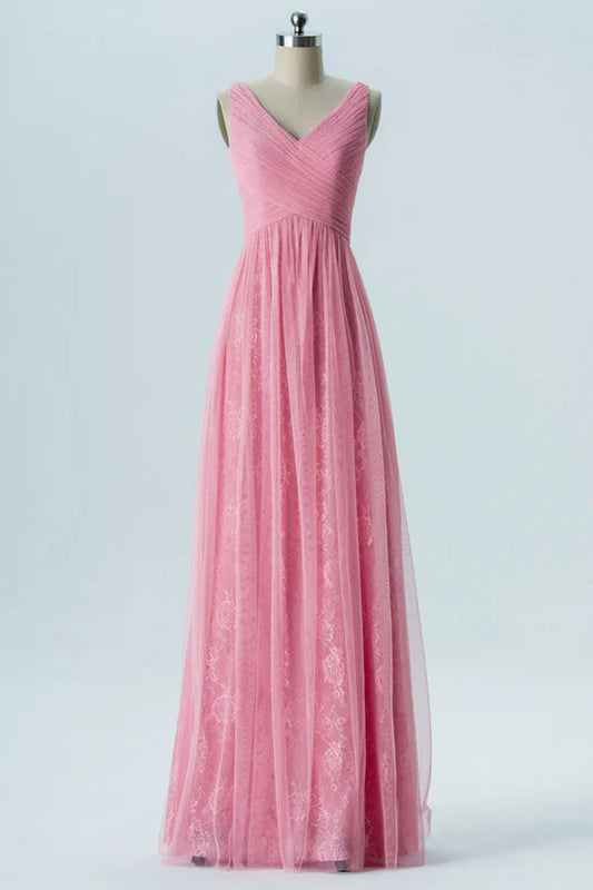 V-Neck Embroideried Double Straps Bridesmaid Dress