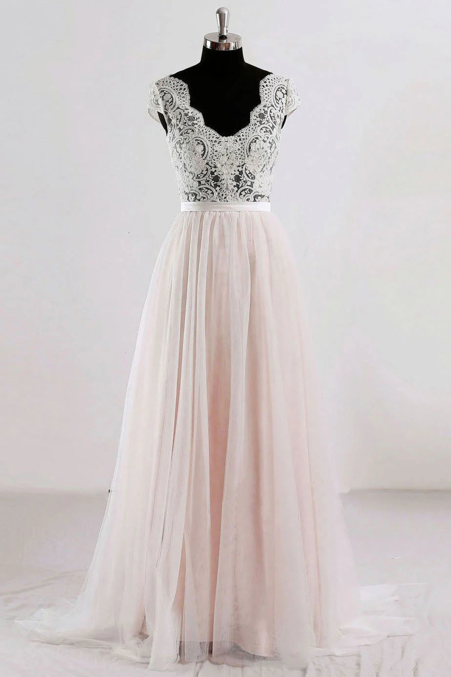 Champagne v neck lace tulle long prom dress champagne tulle prom dress