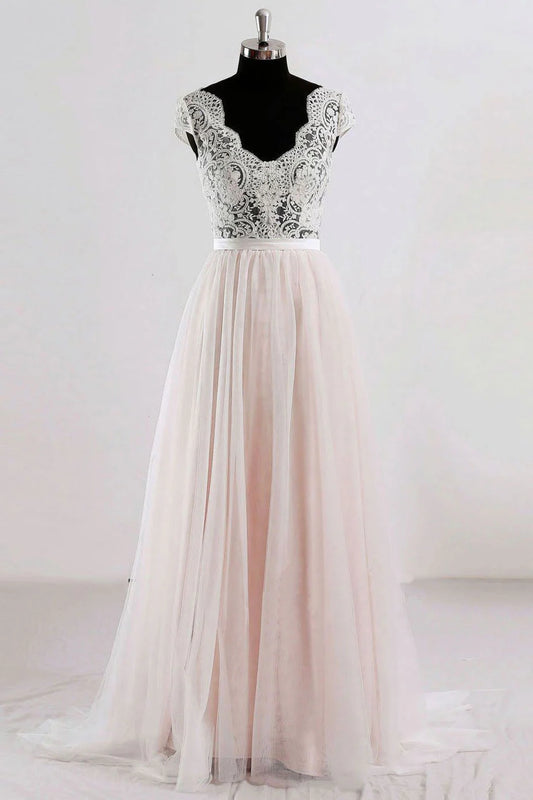 Champagne v neck lace tulle long prom dress champagne tulle prom dress