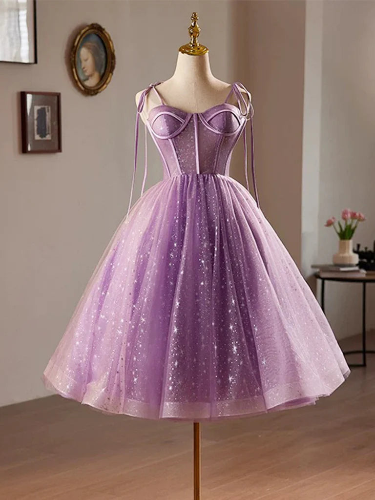 A-Line Sweetheart Neck Tulle Lace Short Purple Homecoming Dress