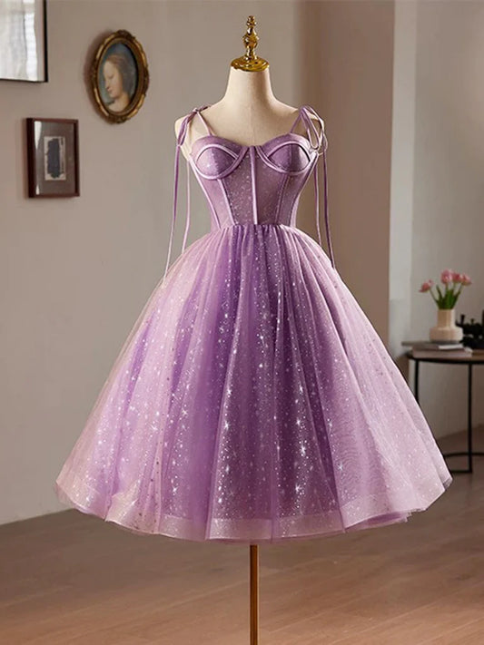 A-Line Sweetheart Neck Tulle Lace Short Purple Homecoming Dress