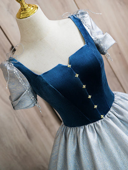 A-line Puff sleeves Blue Long Prom Dress Blue Long Formal Dress