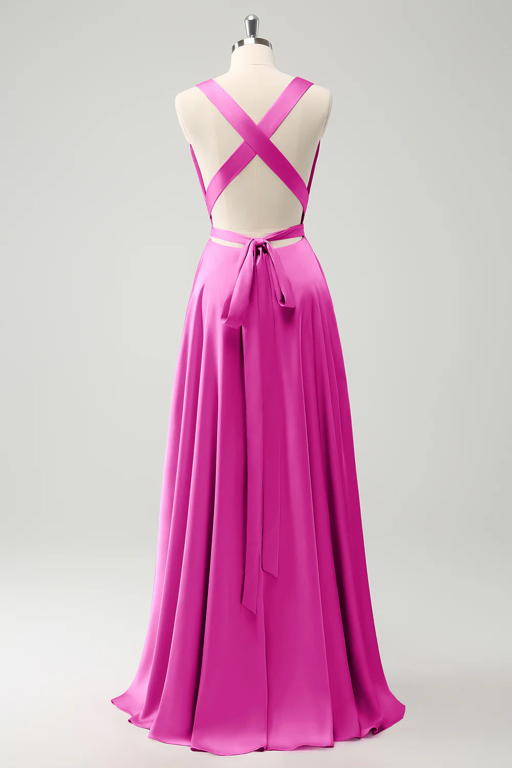 A Line Deep V Neck Backless Long Bridesmaid Dress with Slit