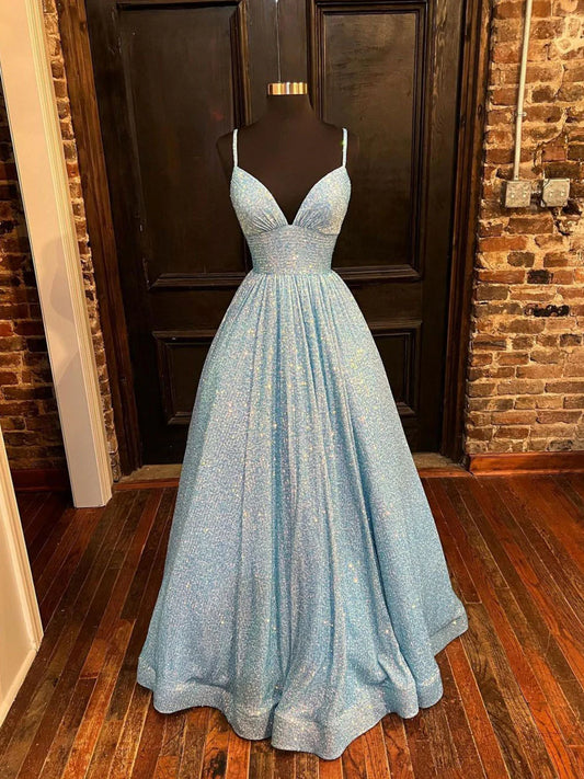 Simple blue v neck sequin long prom dress A line blue prom dress