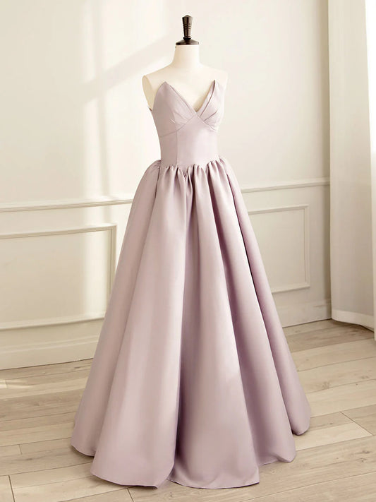 Simple A-line Satin Pink Long Prom Dress Formal Evening Dress