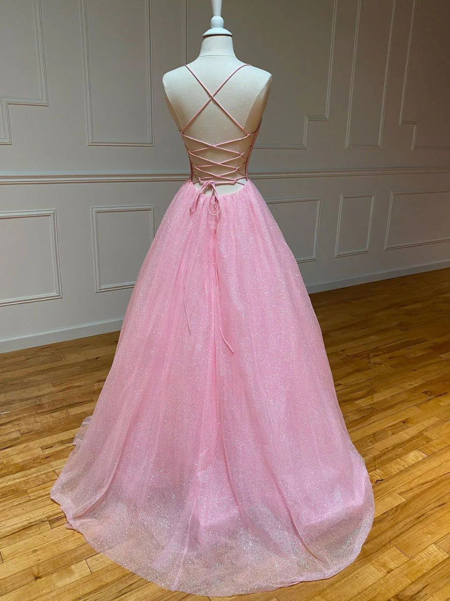 Pink A-line v neck tulle long prom dress pink prom dress