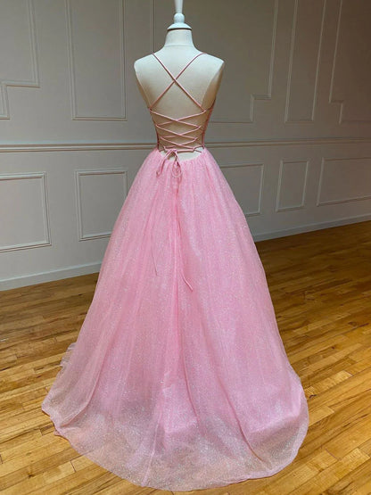 Pink A-line v neck tulle long prom dress pink prom dress