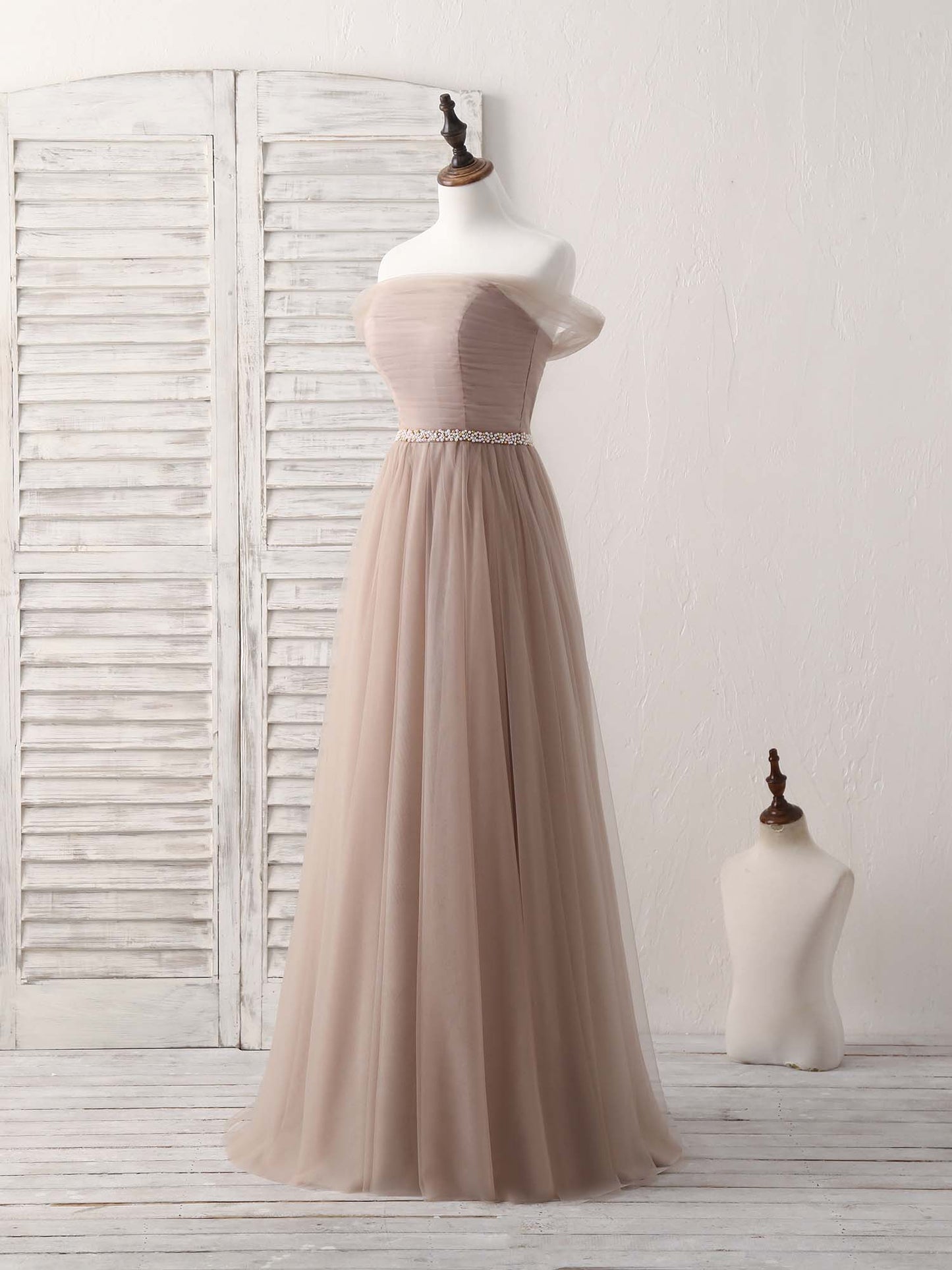 Off Shoulder Tulle Long Prom Dress Champagne Evening Dress