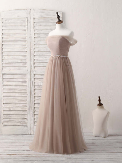 Off Shoulder Tulle Long Prom Dress Champagne Evening Dress