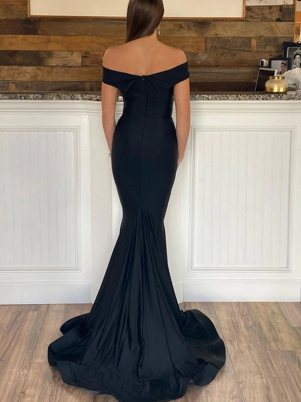 Simple black satin mermaid long evening dress black evening dress