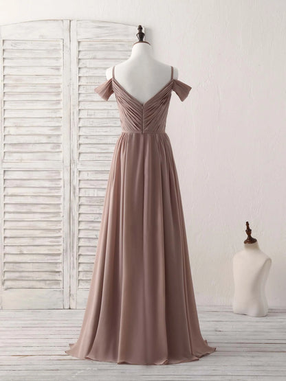 V Neck Dark Champagne Chiffon Long Prom Dress Bridesmaid Dress