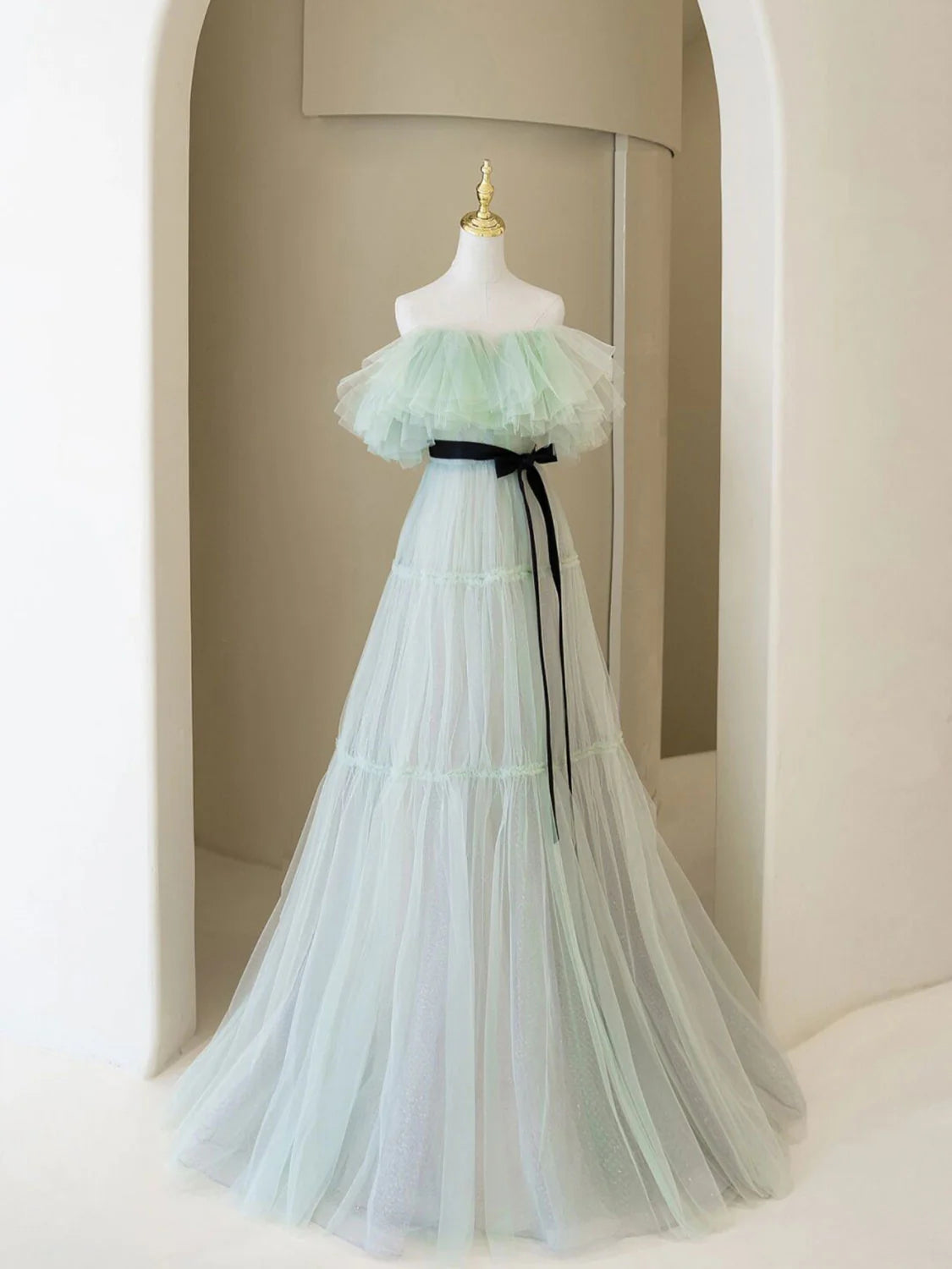 Green A line tulle long prom dress green prom dress