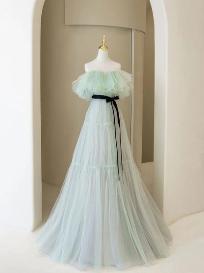 Green A line tulle long prom dress green prom dress