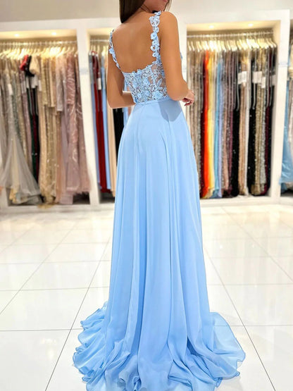 Blue A-Line Chiffon Lace Long Prom Dress Blue Chiffon Long Formal Dress