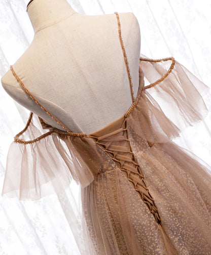Champagne tulle sequin long prom dress tulle formal prom dress