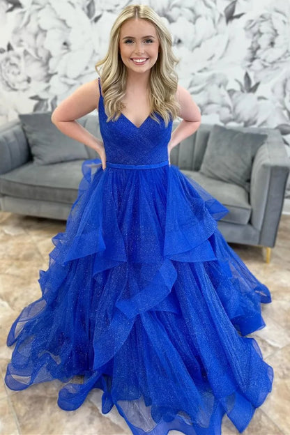 Sparkle Tulle V-Neck Multi-Layer Long Prom Dress