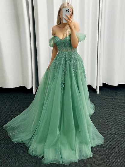 A-Line Off Shoulder Tulle Lace Green Long Prom Dress Green Long Prom Dress