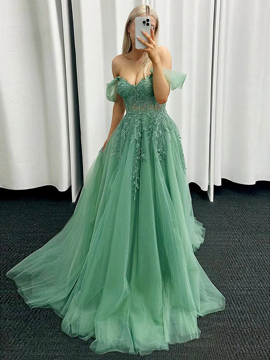 A-Line Off Shoulder Tulle Lace Green Long Prom Dress Green Long Prom Dress